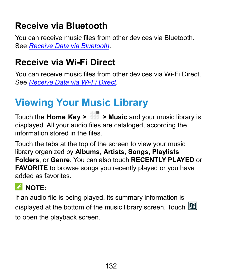Viewing your music library, Receive via bluetooth, Receive via wi-fi direct | ZTE Grand X Plus User Manual | Page 132 / 184