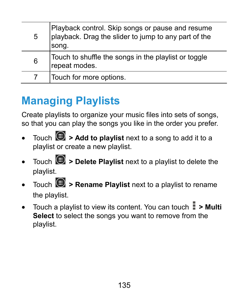 Managing playlists | ZTE Grand X Plus User Manual | Page 135 / 184