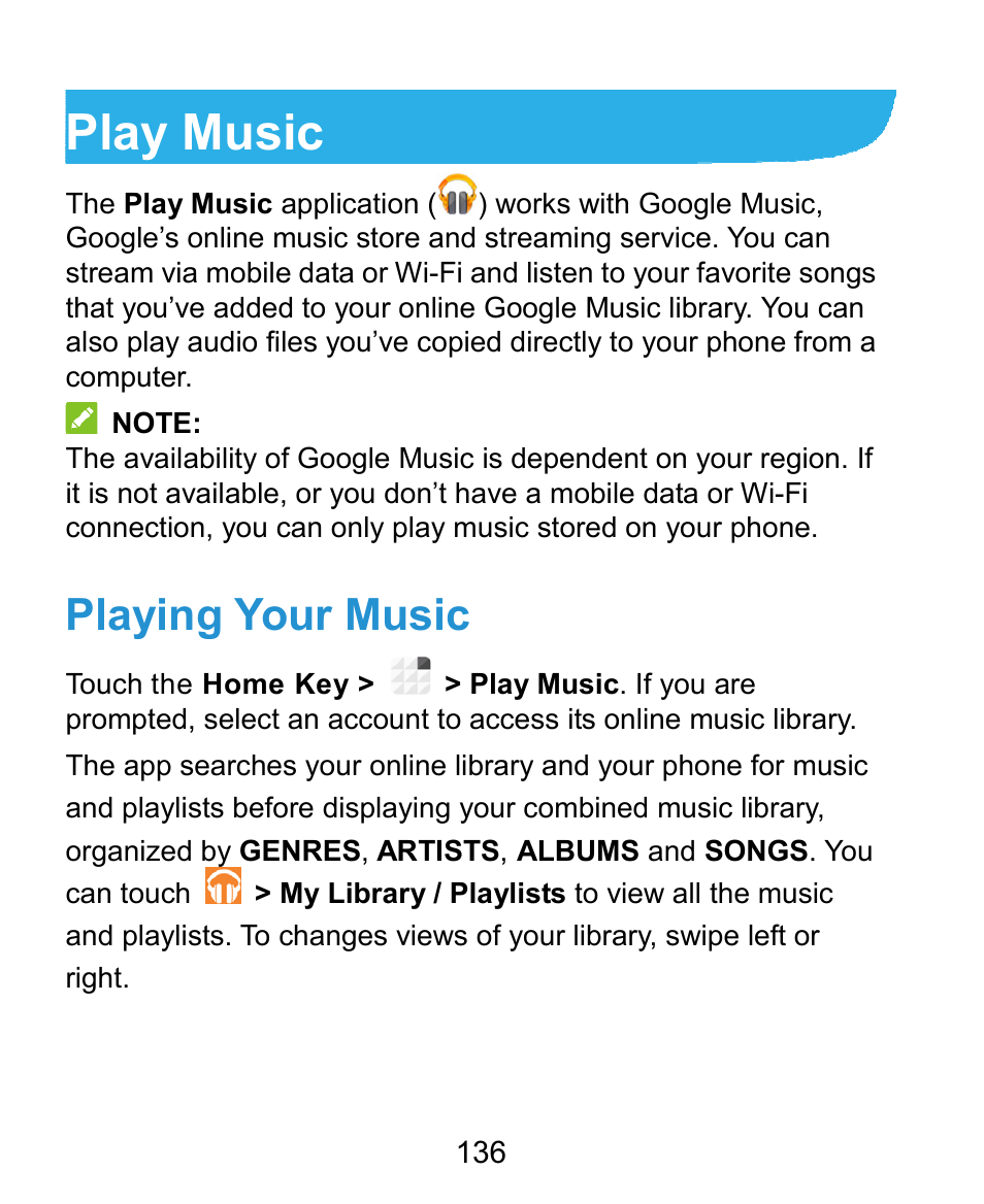 Play music, Playing your music | ZTE Grand X Plus User Manual | Page 136 / 184