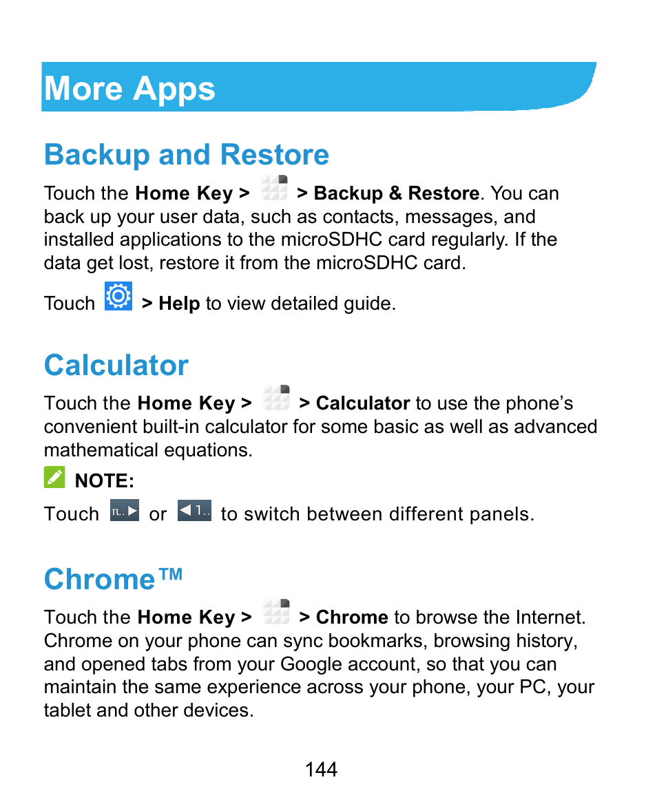 More apps, Backup and restore, Calculator | Chrome | ZTE Grand X Plus User Manual | Page 144 / 184