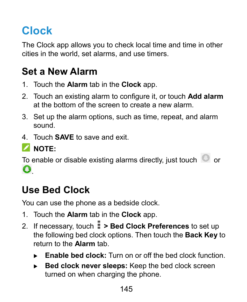 Clock, Set a new alarm, Use bed clock | ZTE Grand X Plus User Manual | Page 145 / 184