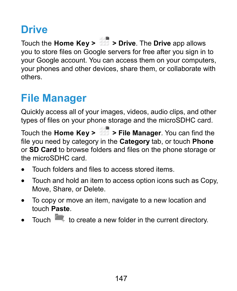 Drive, File manager | ZTE Grand X Plus User Manual | Page 147 / 184