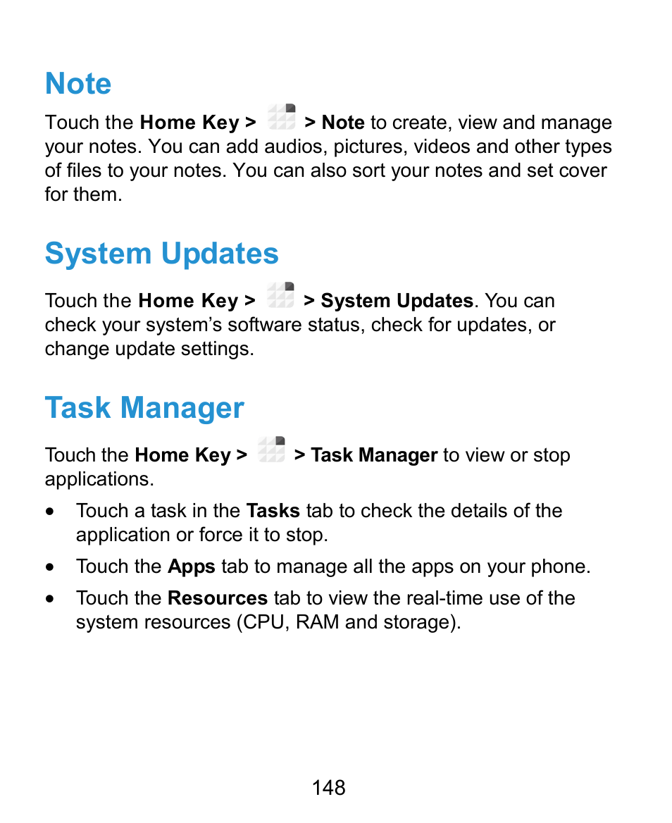 System updates, Task manager | ZTE Grand X Plus User Manual | Page 148 / 184