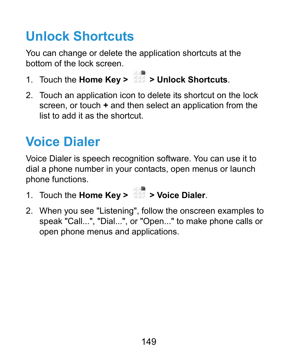 Unlock shortcuts, Voice dialer | ZTE Grand X Plus User Manual | Page 149 / 184