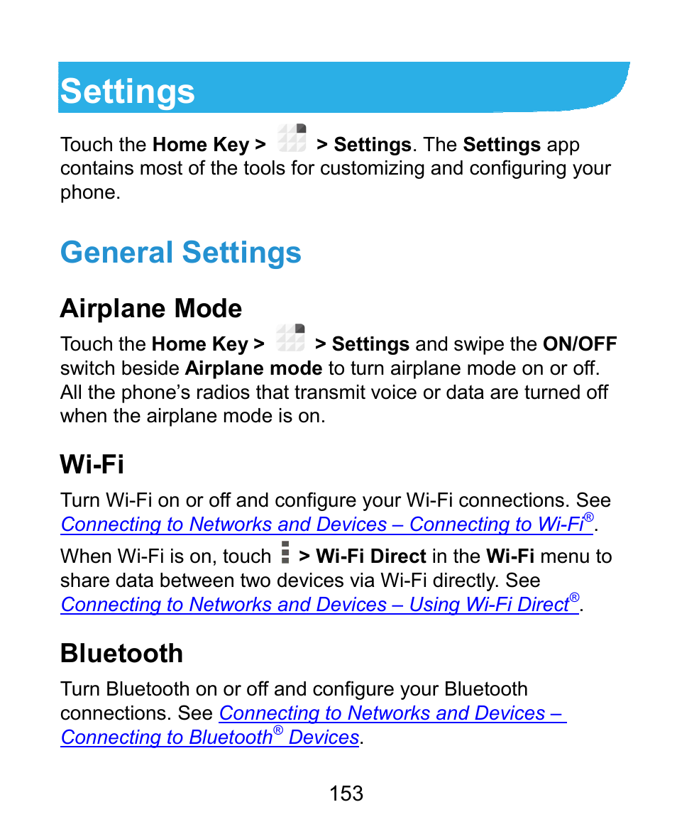 Settings, General settings, Airplane mode | Wi-fi, Bluetooth | ZTE Grand X Plus User Manual | Page 153 / 184