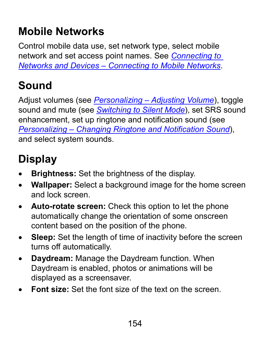 Mobile networks, Sound, Display | ZTE Grand X Plus User Manual | Page 154 / 184