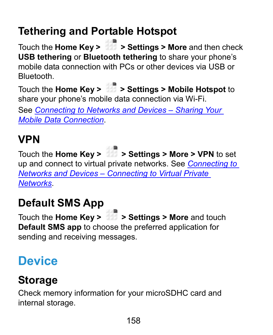 Device, Tethering and portable hotspot, Default sms app | Storage | ZTE Grand X Plus User Manual | Page 158 / 184