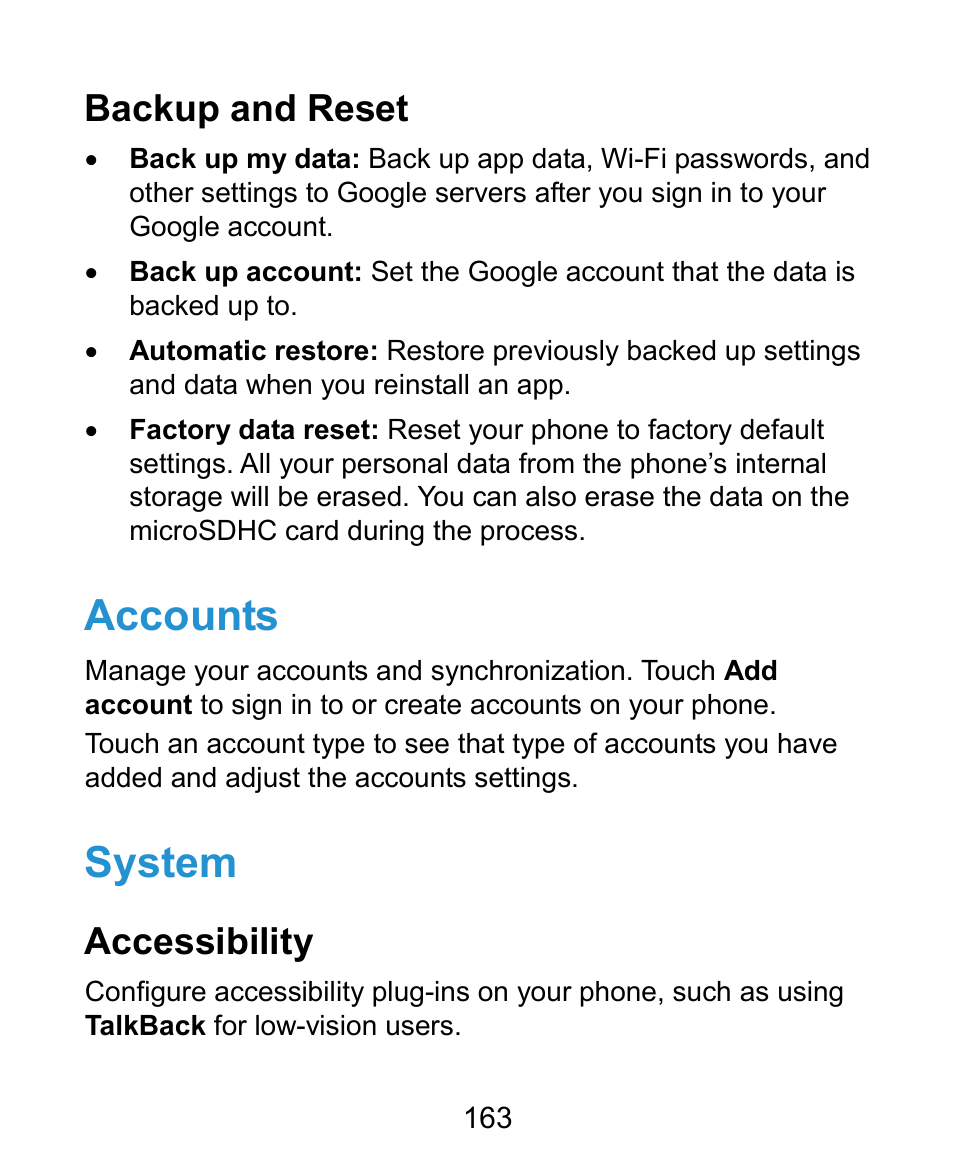Reset it to factory settings (see, Settings – personal – backup, Reset | You need to do some settings before using it, Accounts, System, Backup and reset, Accessibility | ZTE Grand X Plus User Manual | Page 163 / 184