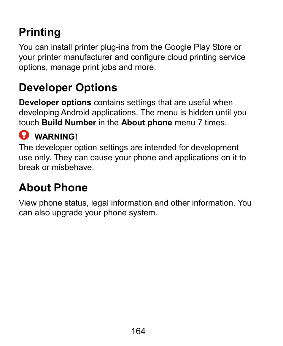 Printing, Developer options, About phone | ZTE Grand X Plus User Manual | Page 164 / 184