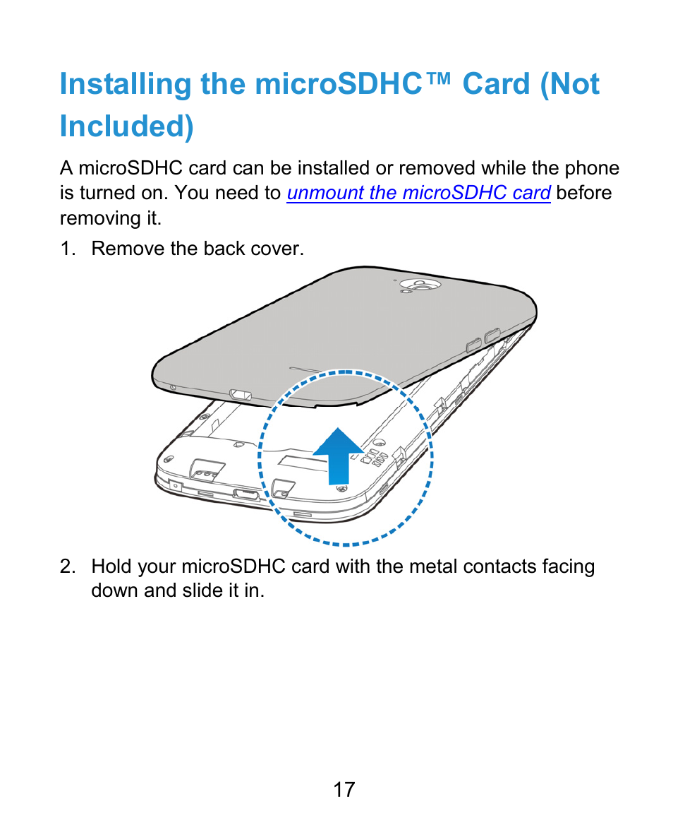 Installing the microsdhc™ card (not included) | ZTE Grand X Plus User Manual | Page 17 / 184