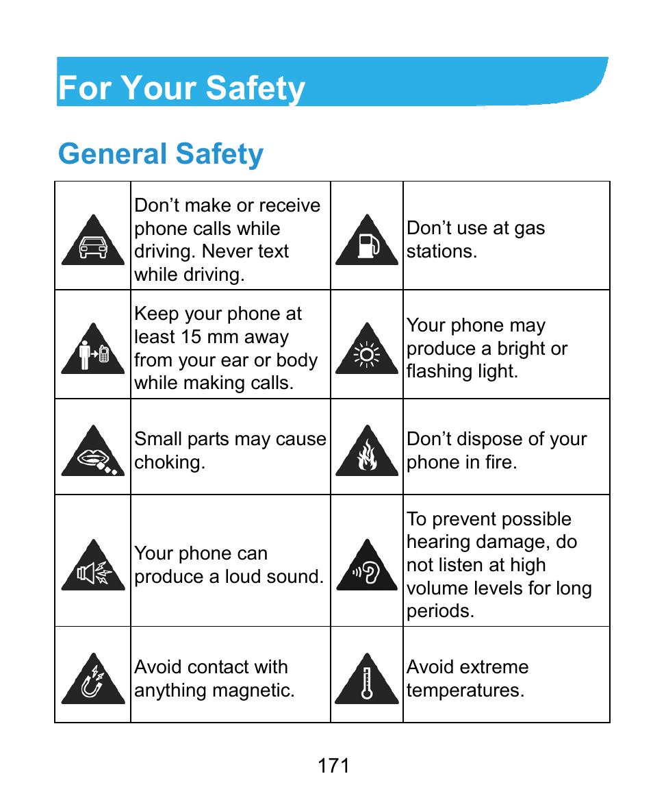 For your safety, General safety | ZTE Grand X Plus User Manual | Page 171 / 184