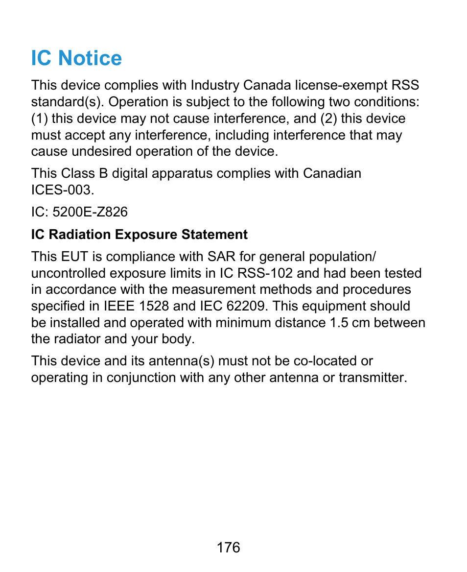 Ic notice | ZTE Grand X Plus User Manual | Page 176 / 184