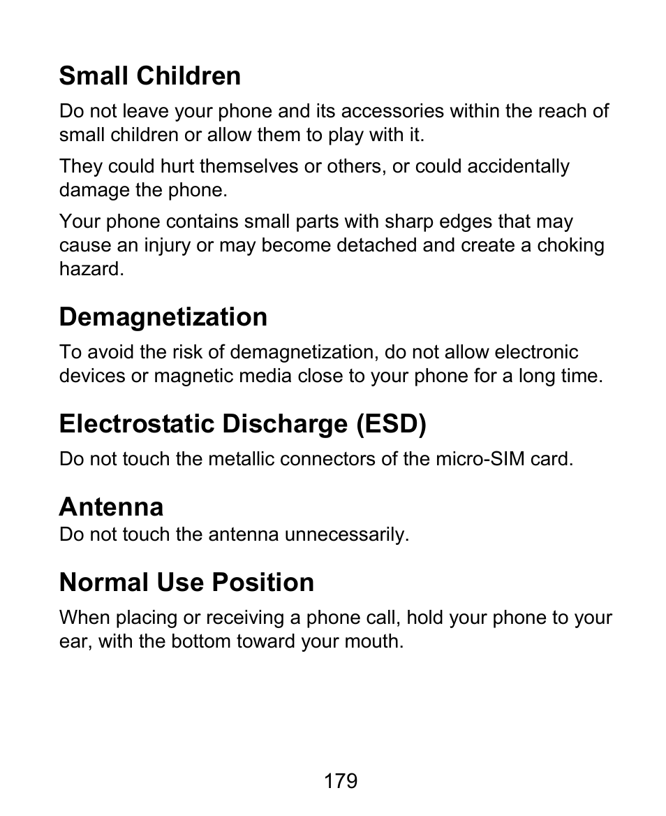 Small children, Demagnetization, Electrostatic discharge (esd) | Antenna, Normal use position | ZTE Grand X Plus User Manual | Page 179 / 184