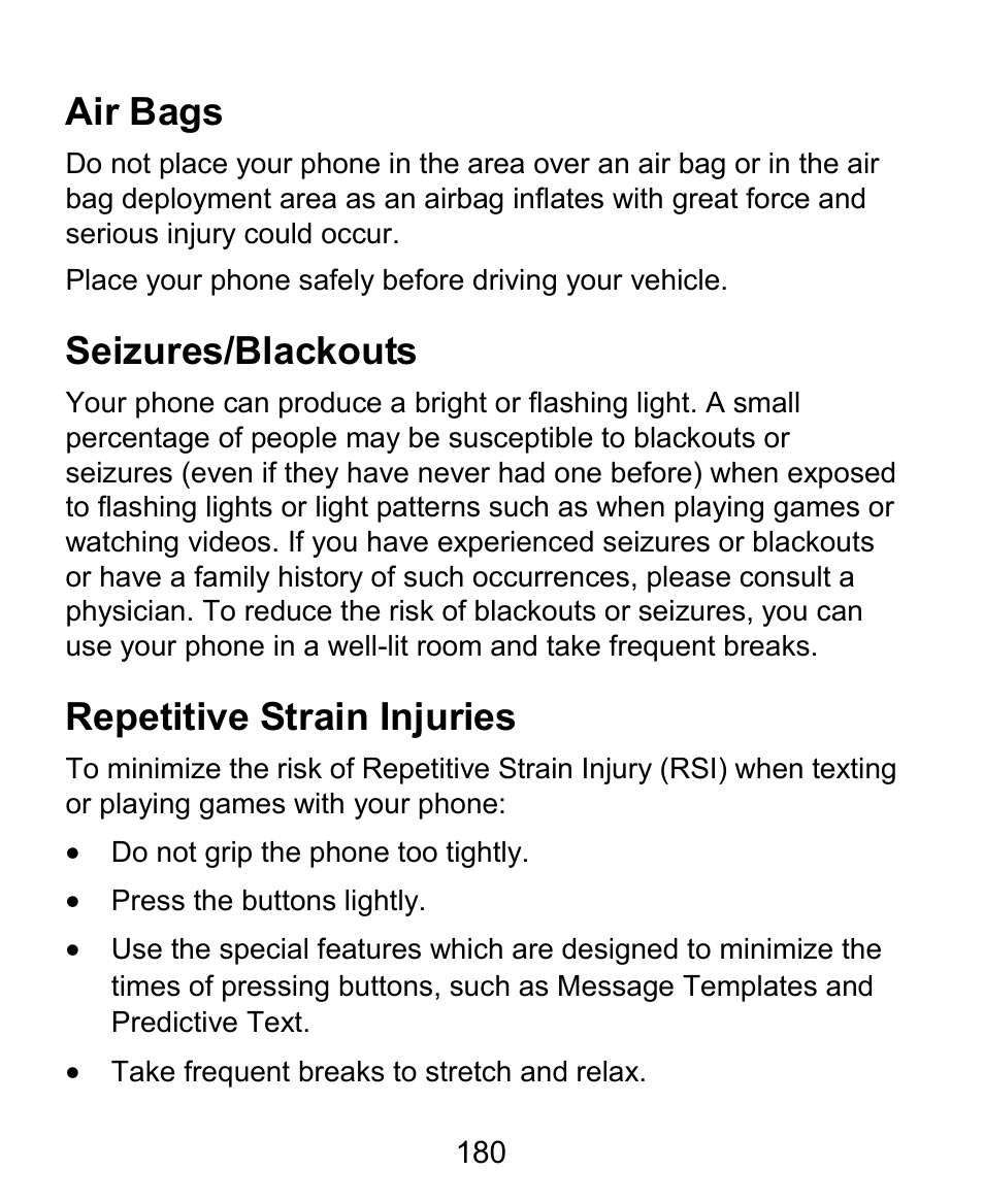 Air bags, Seizures/blackouts, Repetitive strain injuries | ZTE Grand X Plus User Manual | Page 180 / 184