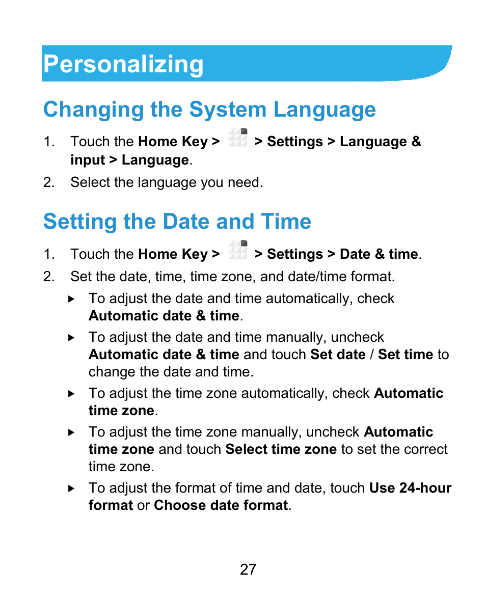 Personalizing, Changing the system language, Setting the date and time | ZTE Grand X Plus User Manual | Page 27 / 184