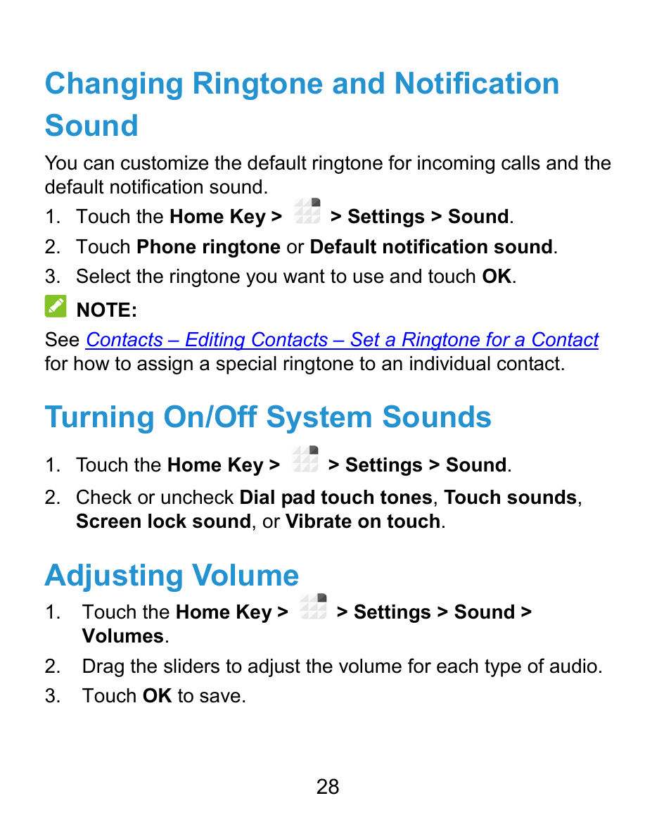 Changing ringtone and notification sound, Turning on/off system sounds, Adjusting volume | ZTE Grand X Plus User Manual | Page 28 / 184