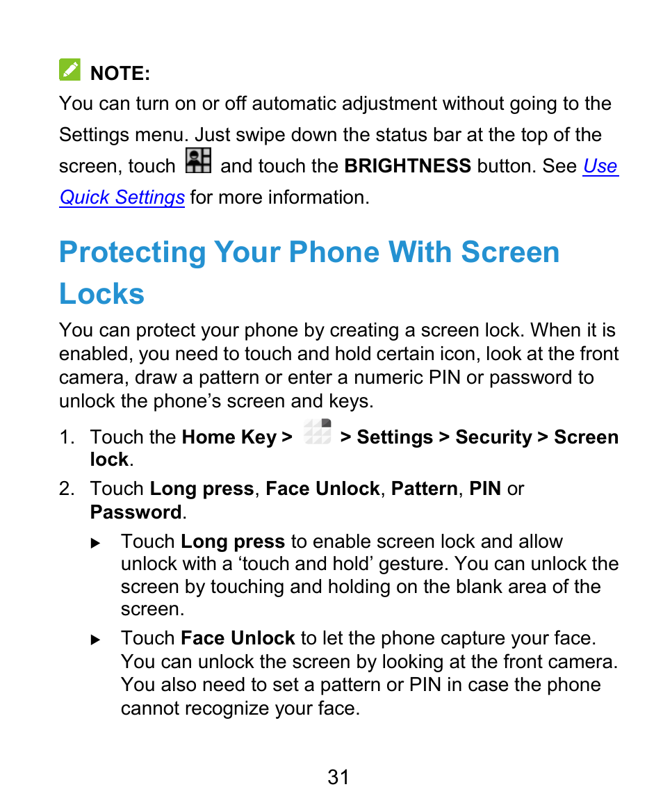 Password for your phone (see, Personalizing – protecting your, Phone with screen locks | You will be prompted to look at the, Protecting your phone with screen locks | ZTE Grand X Plus User Manual | Page 31 / 184