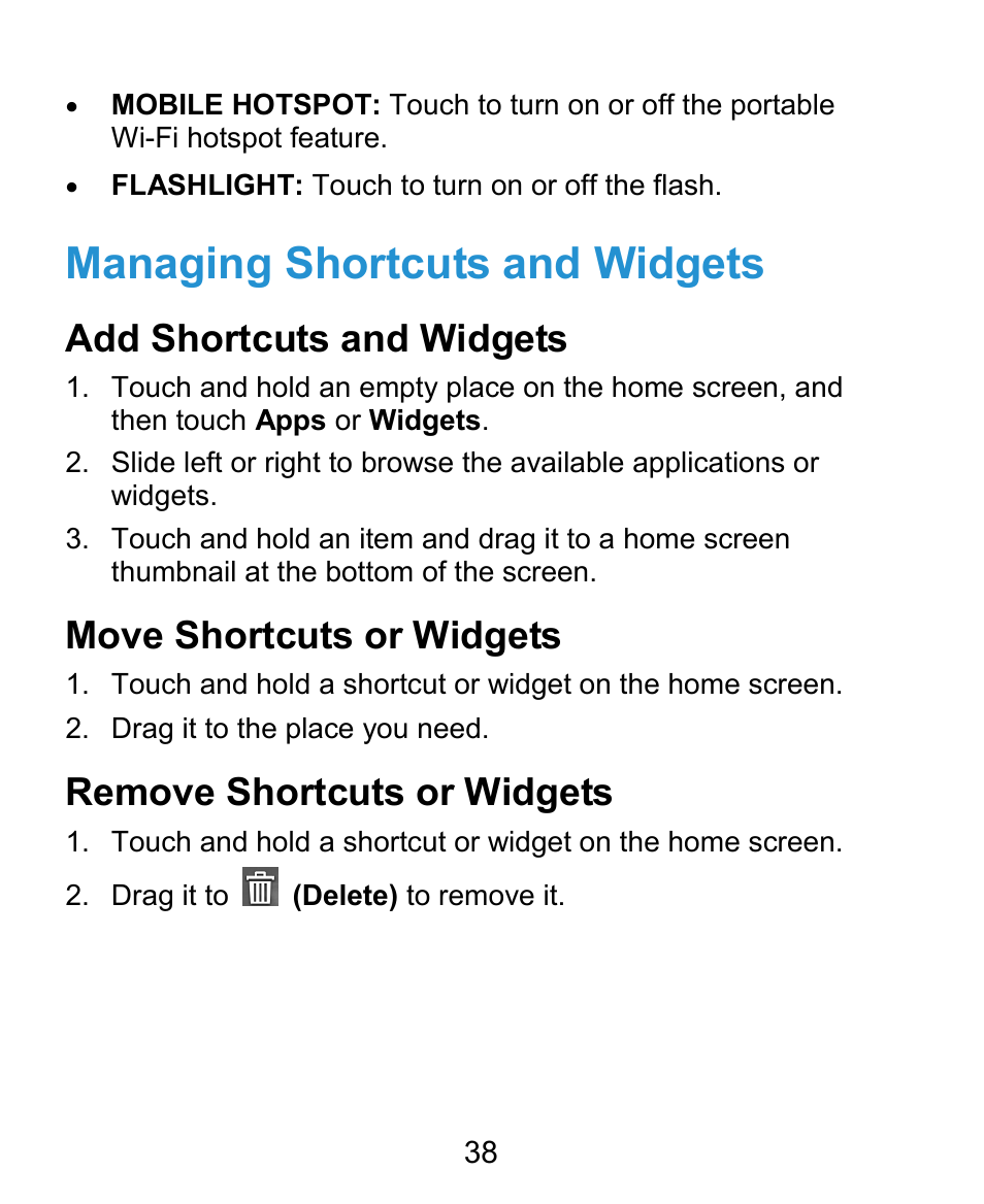 Managing shortcuts and widgets, Add shortcuts and widgets, Move shortcuts or widgets | Remove shortcuts or widgets | ZTE Grand X Plus User Manual | Page 38 / 184