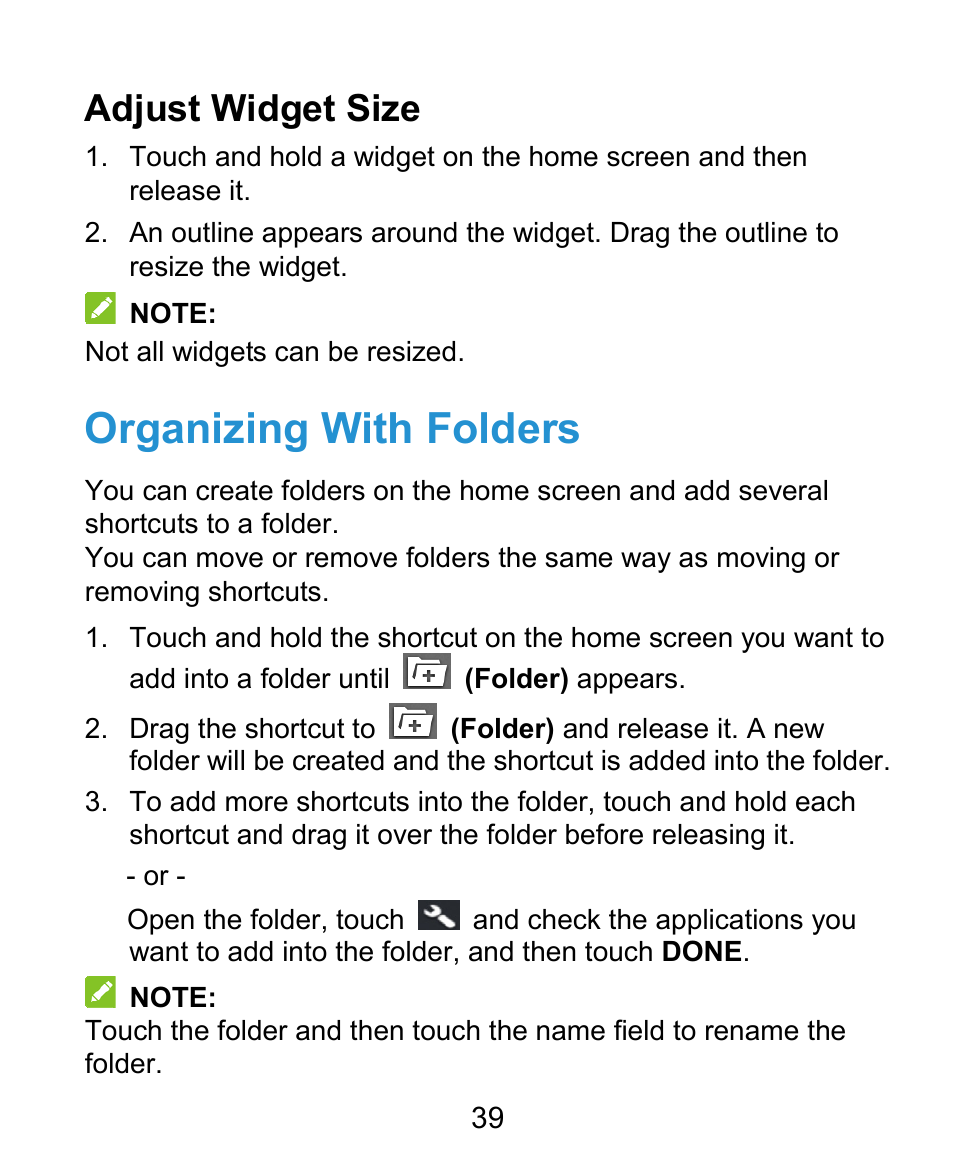 Organizing with folders, Adjust widget size | ZTE Grand X Plus User Manual | Page 39 / 184