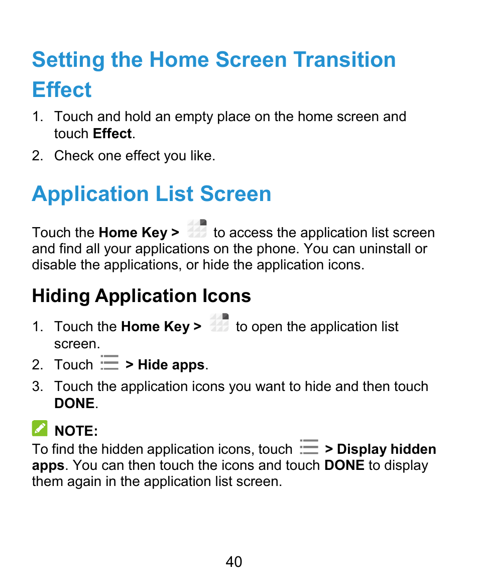 Setting the home screen transition effect, Application list screen, Hiding application icons | ZTE Grand X Plus User Manual | Page 40 / 184