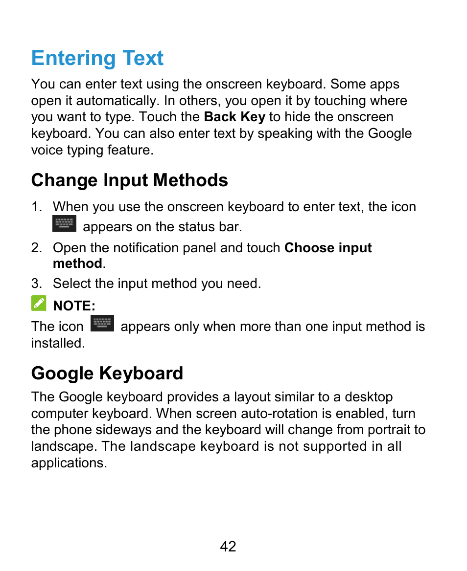 Entering text, Change input methods, Google keyboard | ZTE Grand X Plus User Manual | Page 42 / 184