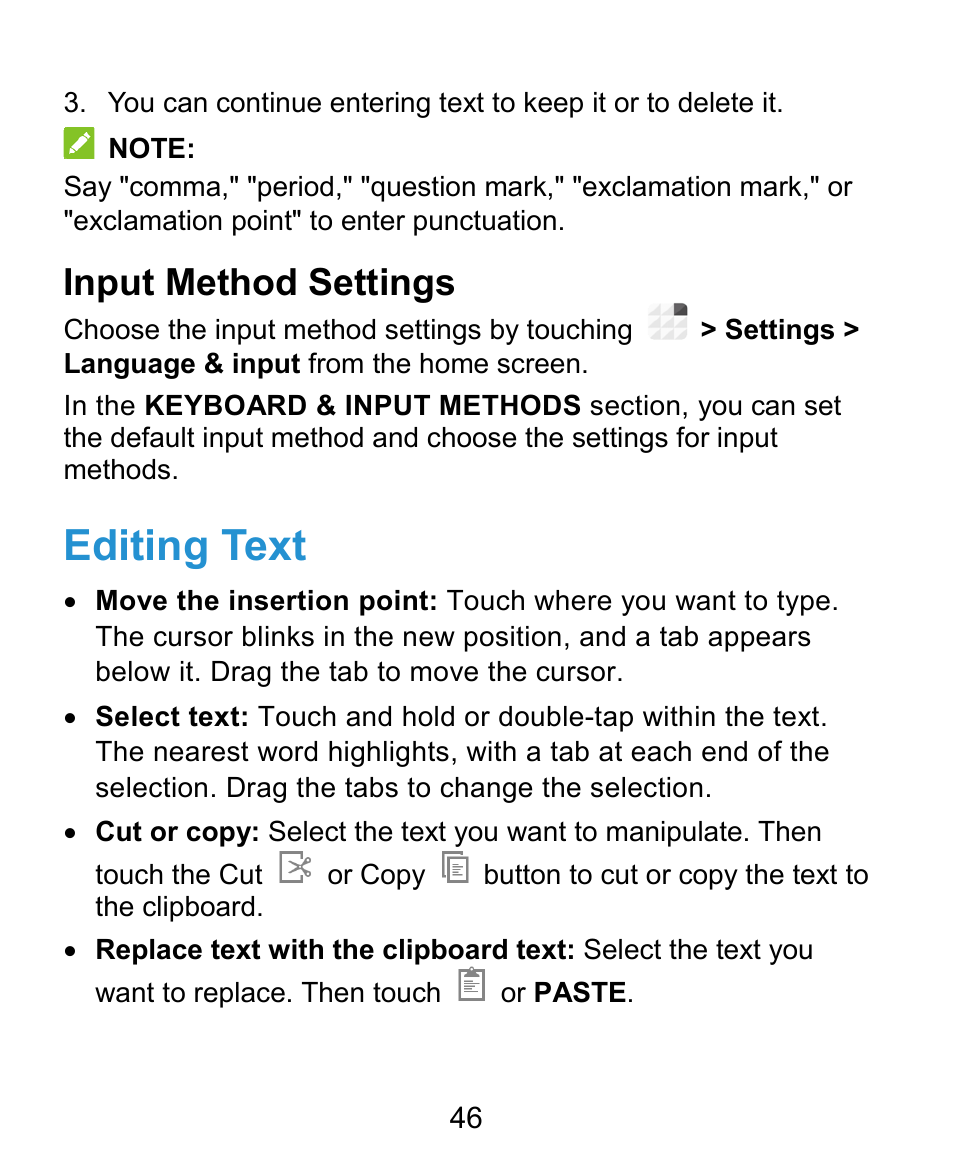 Editing text, Input method settings | ZTE Grand X Plus User Manual | Page 46 / 184