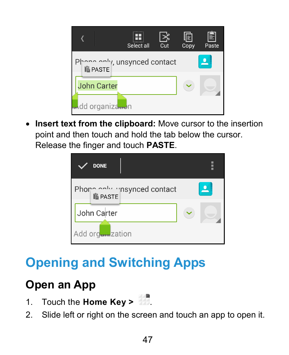 Opening and switching apps, Open an app | ZTE Grand X Plus User Manual | Page 47 / 184