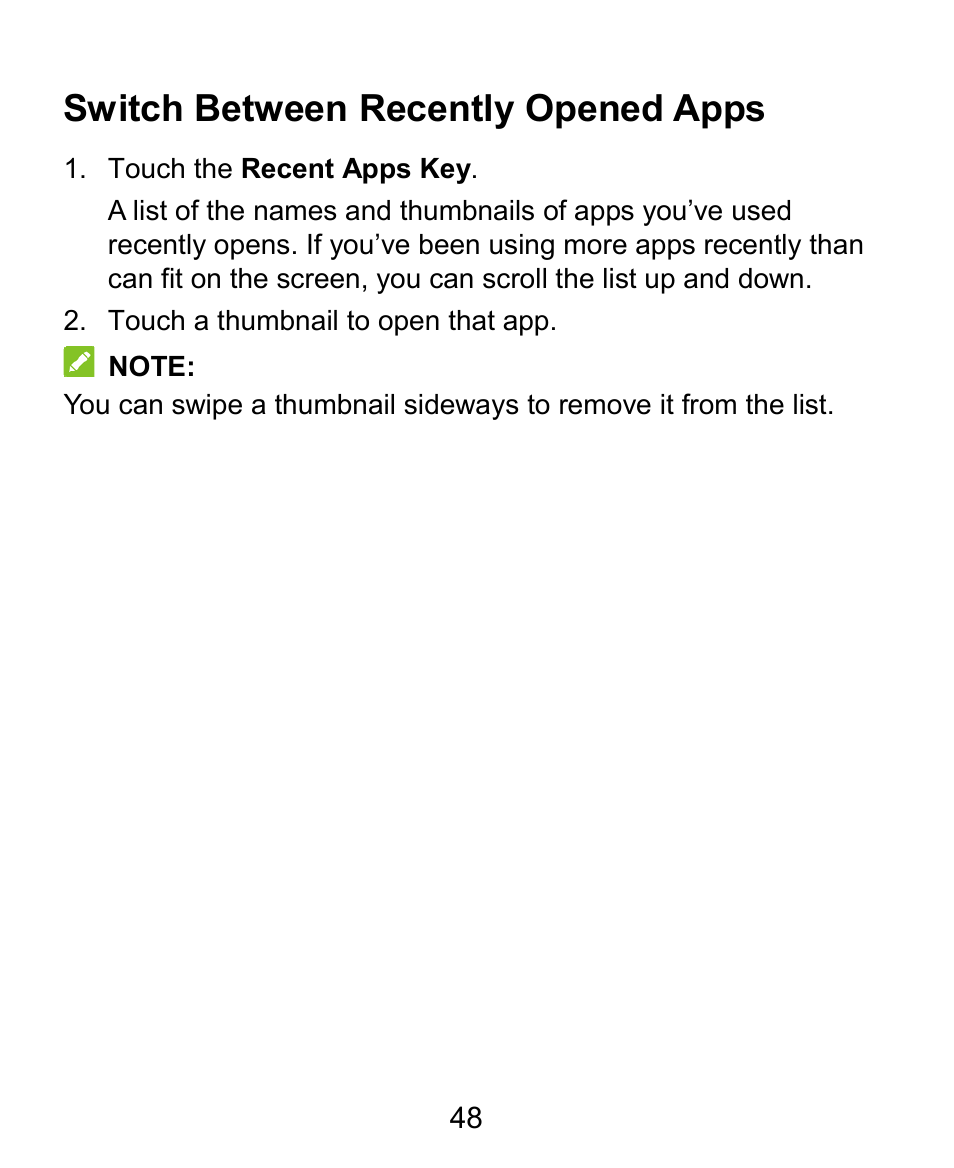 Switch between recently opened apps | ZTE Grand X Plus User Manual | Page 48 / 184