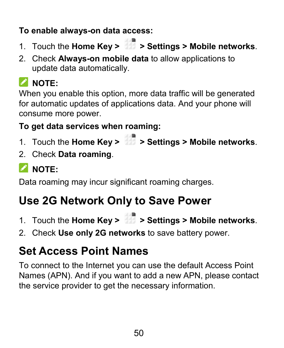 Use 2g network only to save power, Set access point names | ZTE Grand X Plus User Manual | Page 50 / 184