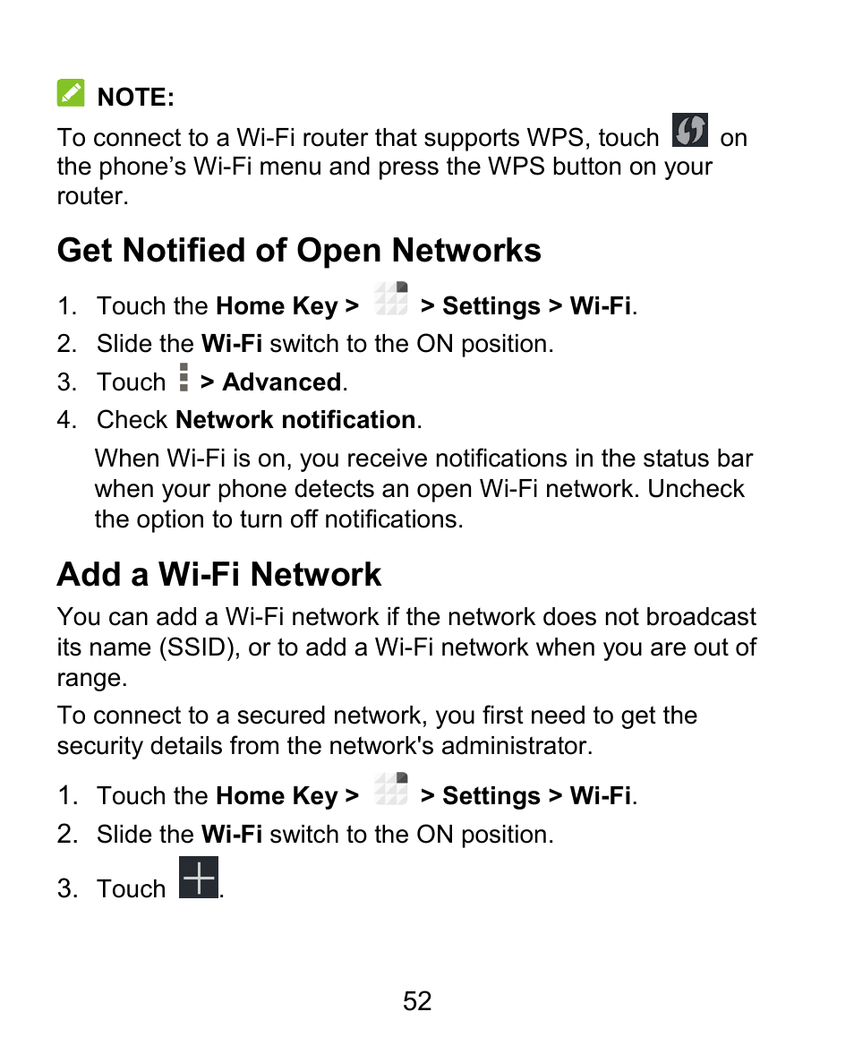 Get notified of open networks, Add a wi-fi network | ZTE Grand X Plus User Manual | Page 52 / 184