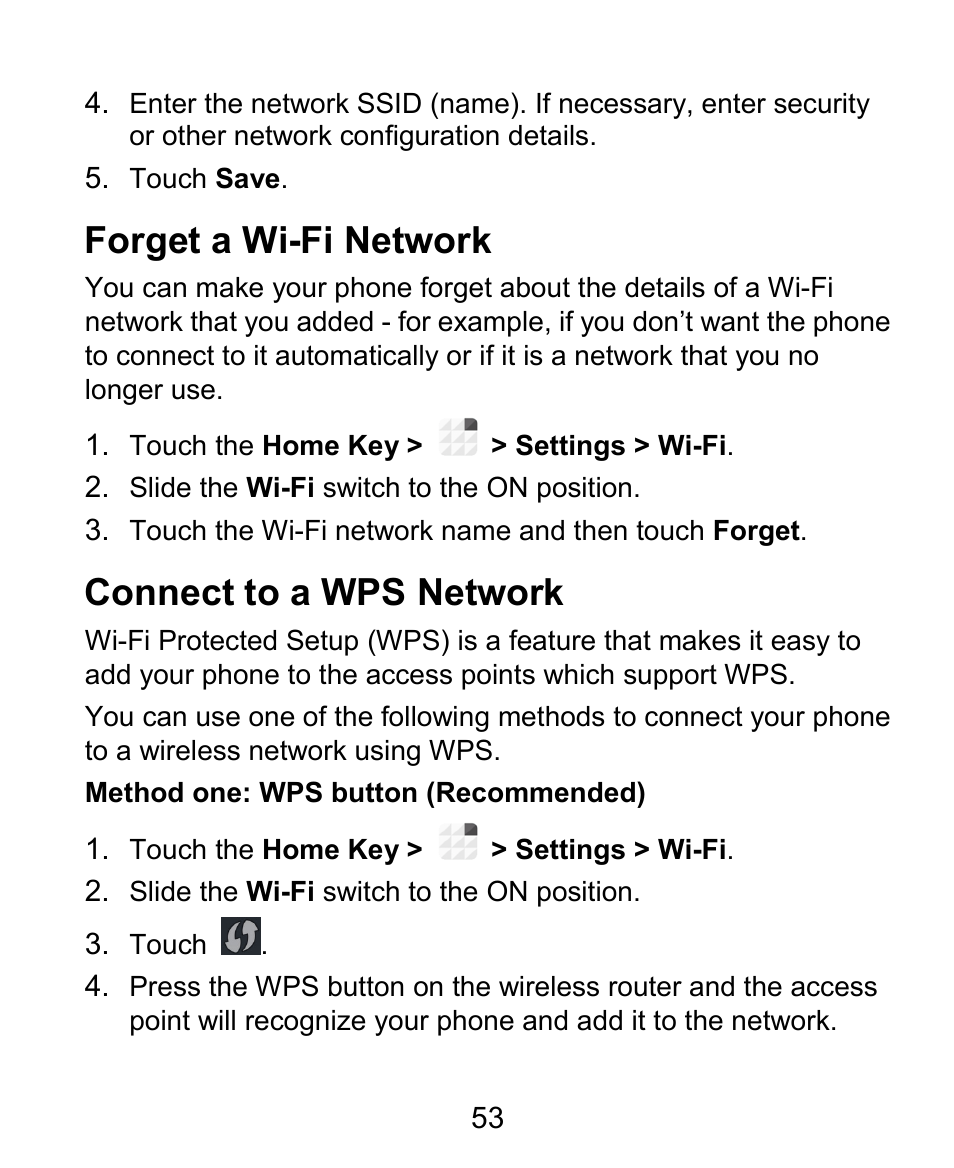 Forget a wi-fi network, Connect to a wps network | ZTE Grand X Plus User Manual | Page 53 / 184