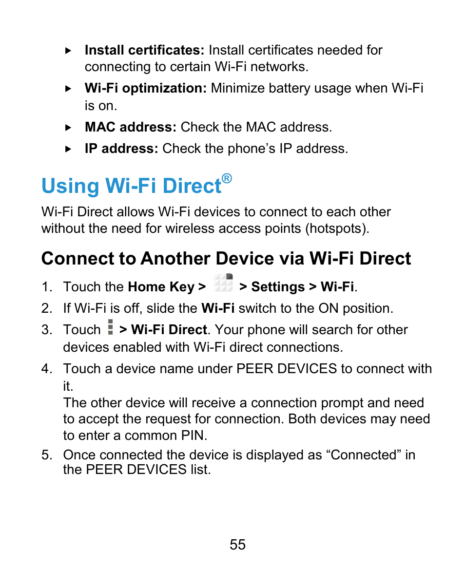 Using wi-fi direct, Connect to another device via wi-fi direct | ZTE Grand X Plus User Manual | Page 55 / 184