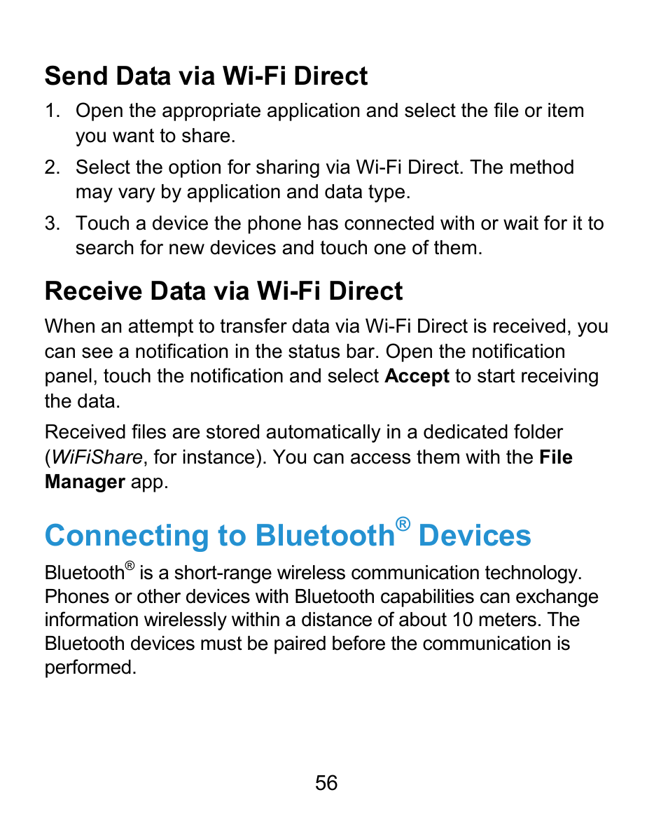 Connecting to bluetooth, Devices, Send data via wi-fi direct | Receive data via wi-fi direct | ZTE Grand X Plus User Manual | Page 56 / 184
