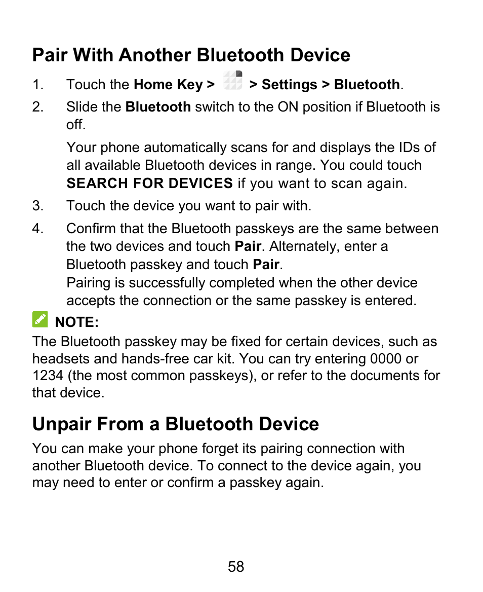 Pair with another bluetooth device, Unpair from a bluetooth device | ZTE Grand X Plus User Manual | Page 58 / 184