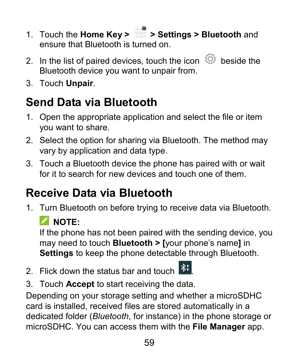 Send data via bluetooth, Receive data via bluetooth | ZTE Grand X Plus User Manual | Page 59 / 184
