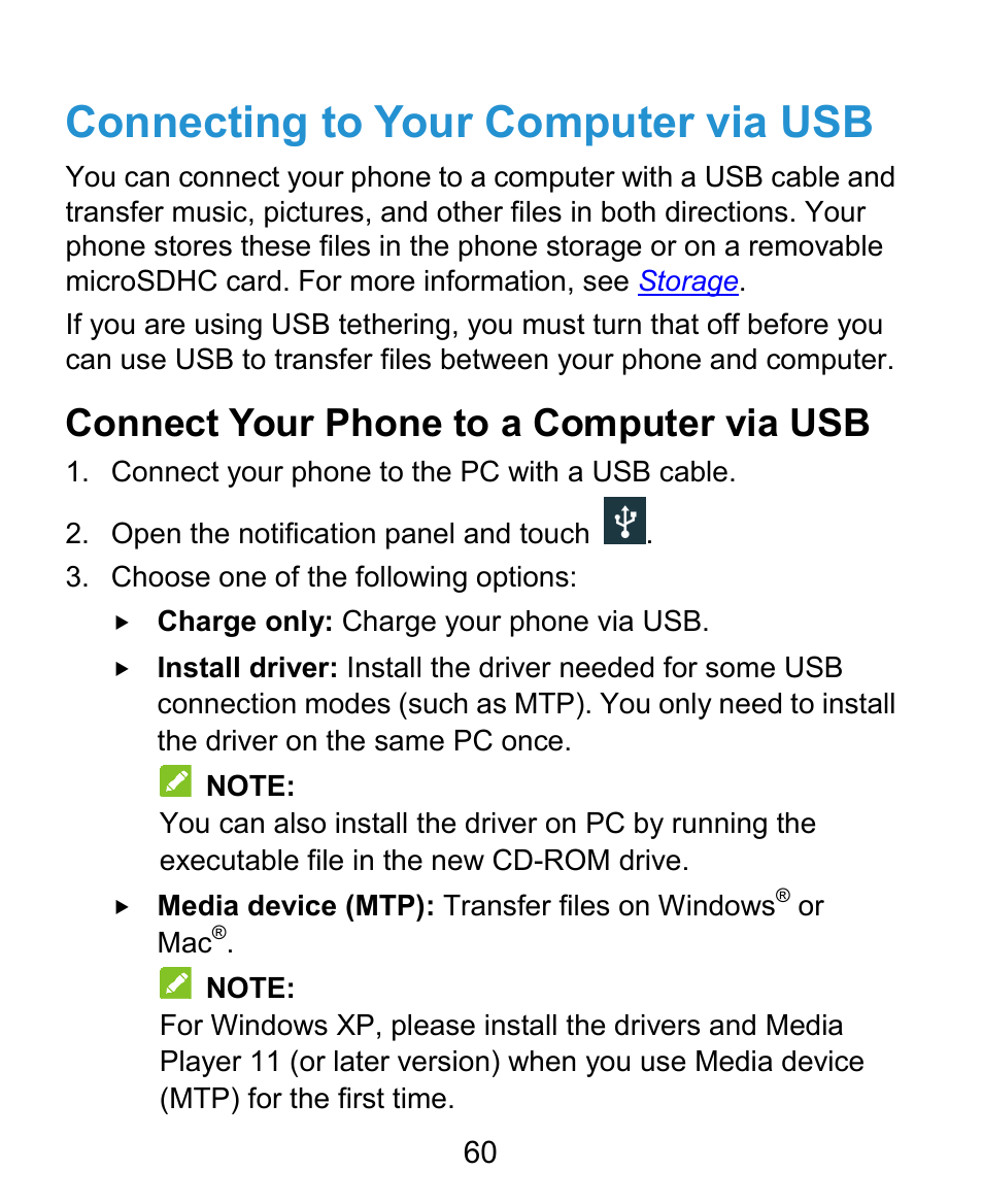 Connecting to your computer via usb, Connect your phone to a computer via usb | ZTE Grand X Plus User Manual | Page 60 / 184