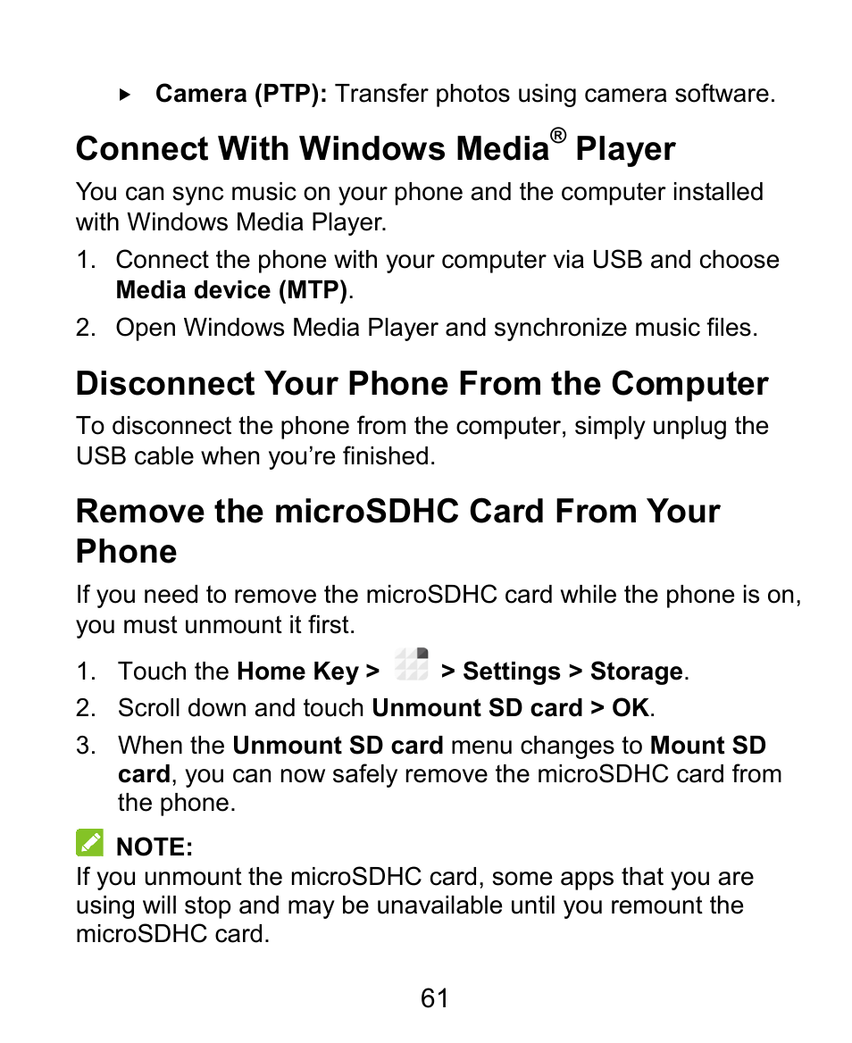 Connect with windows media, Player, Disconnect your phone from the computer | Remove the microsdhc card from your phone | ZTE Grand X Plus User Manual | Page 61 / 184