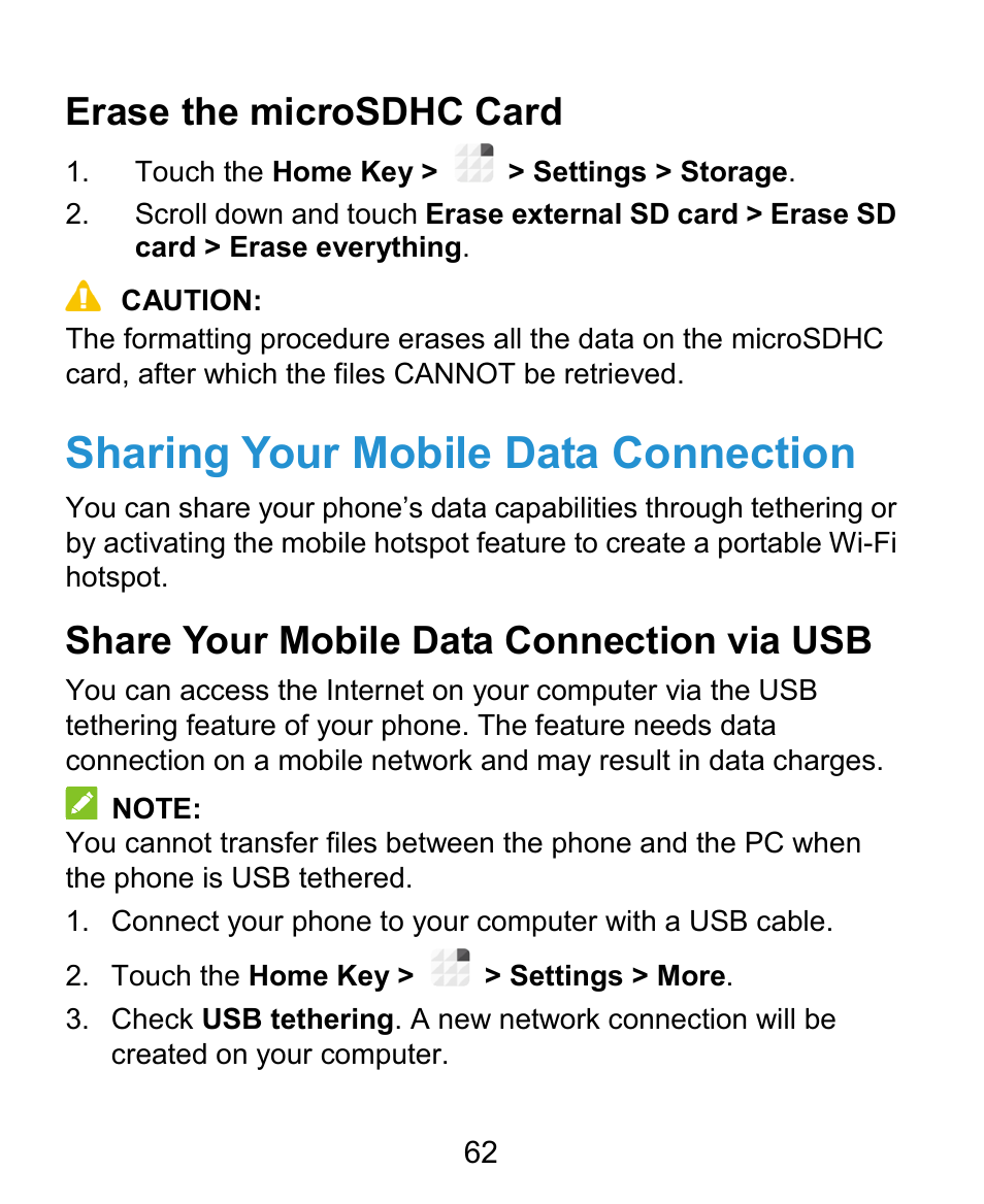 Sharing your mobile data connection, Erase the microsdhc card, Share your mobile data connection via usb | ZTE Grand X Plus User Manual | Page 62 / 184