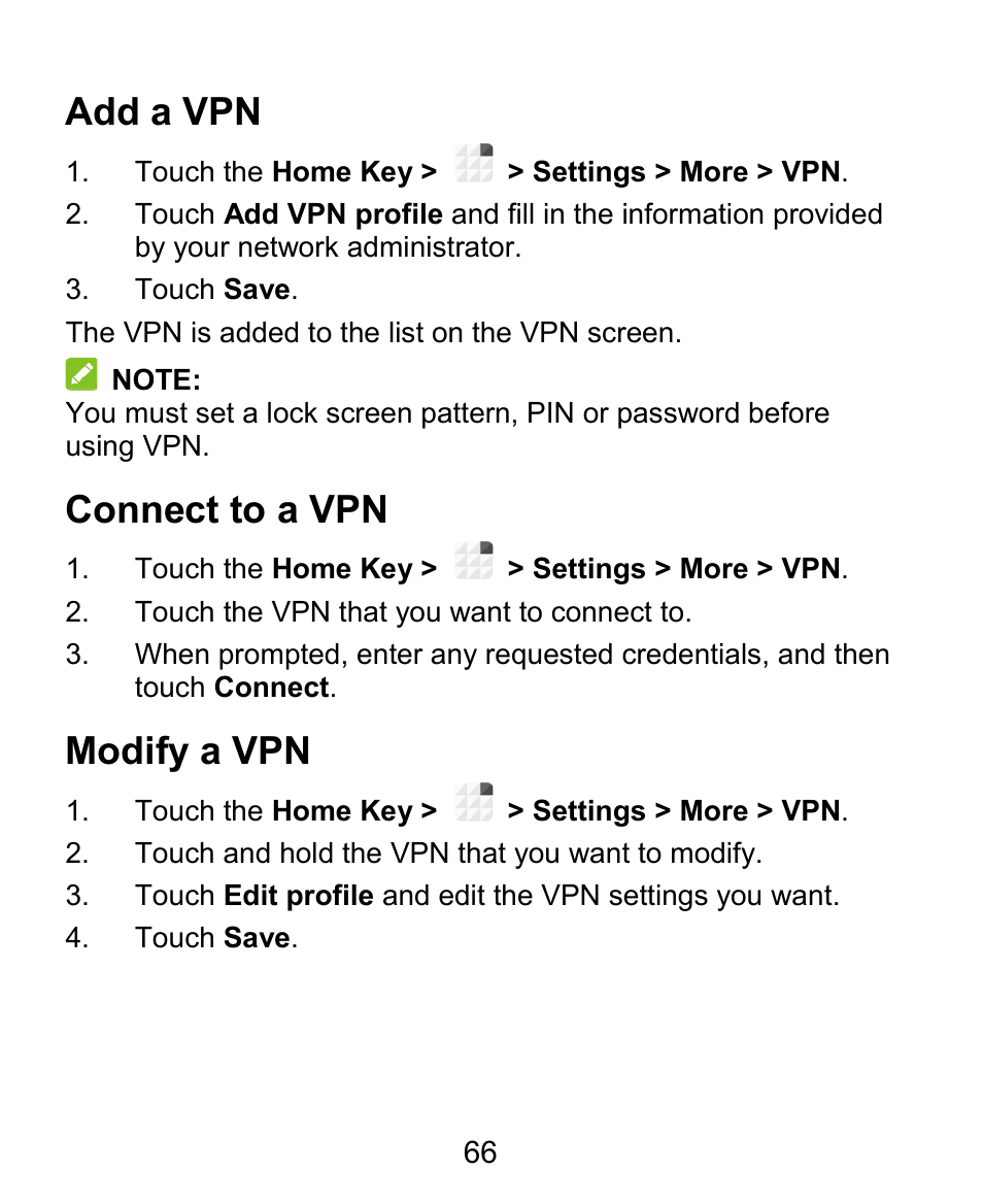 Add a vpn, Connect to a vpn, Modify a vpn | ZTE Grand X Plus User Manual | Page 66 / 184