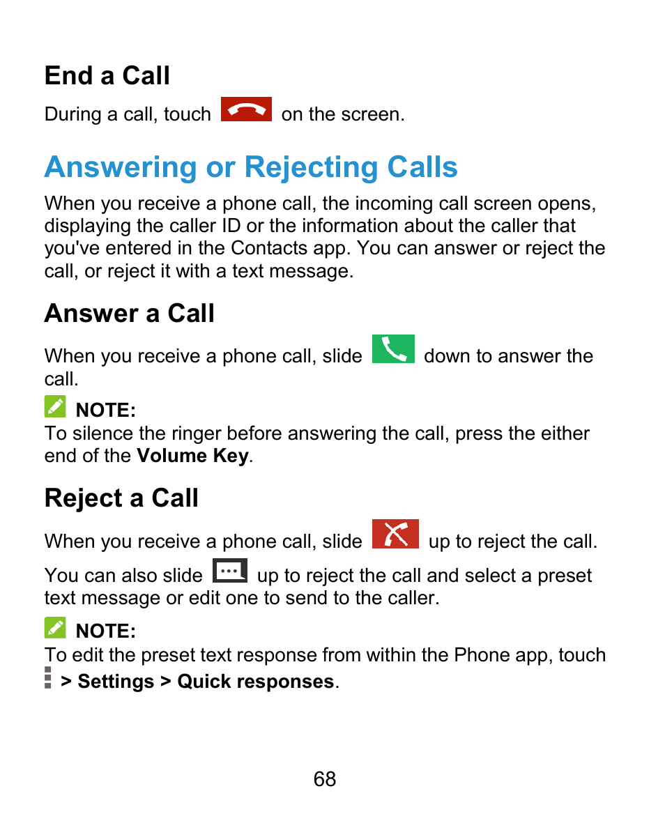 Answering or rejecting calls, End a call, Answer a call | Reject a call | ZTE Grand X Plus User Manual | Page 68 / 184