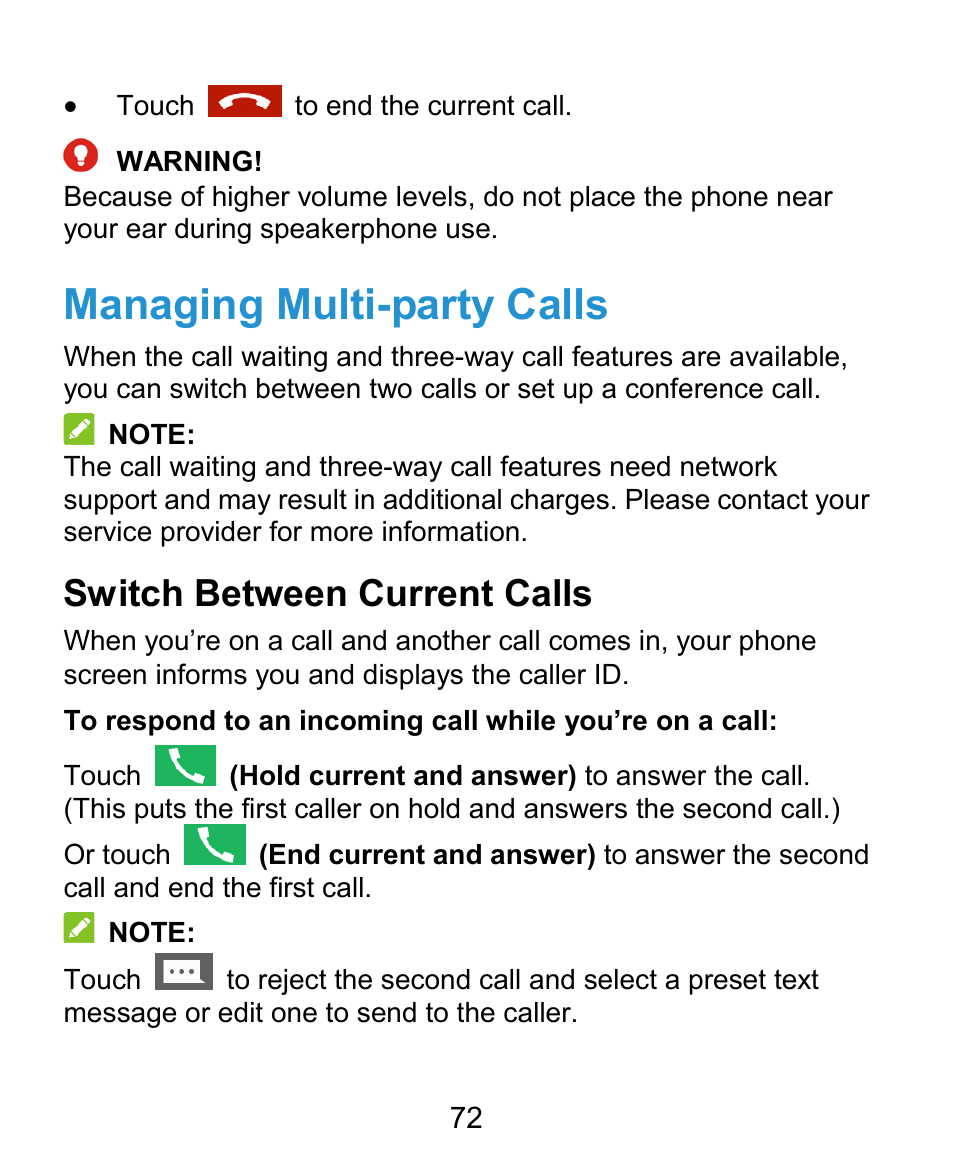 Managing multi-party calls, Switch between current calls | ZTE Grand X Plus User Manual | Page 72 / 184