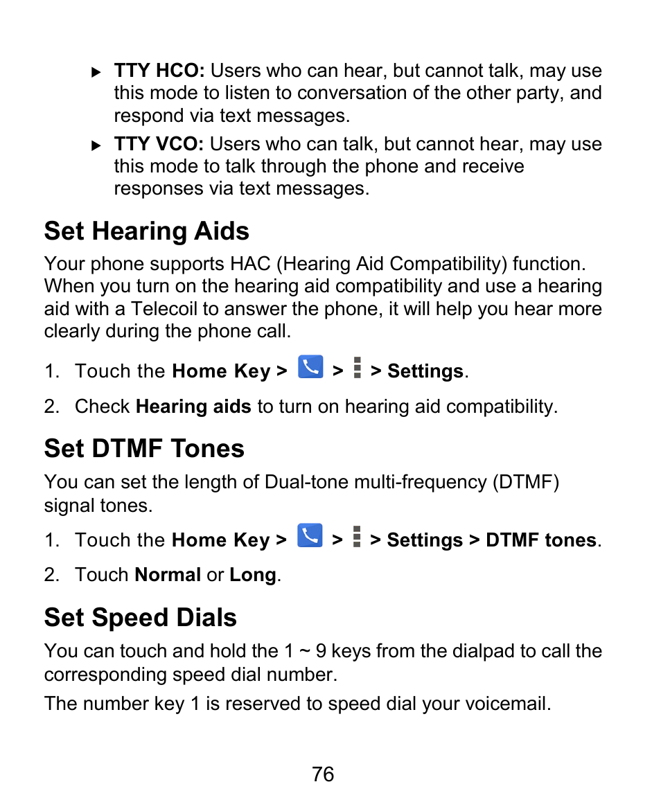 Set hearing aids, Set dtmf tones, Set speed dials | ZTE Grand X Plus User Manual | Page 76 / 184