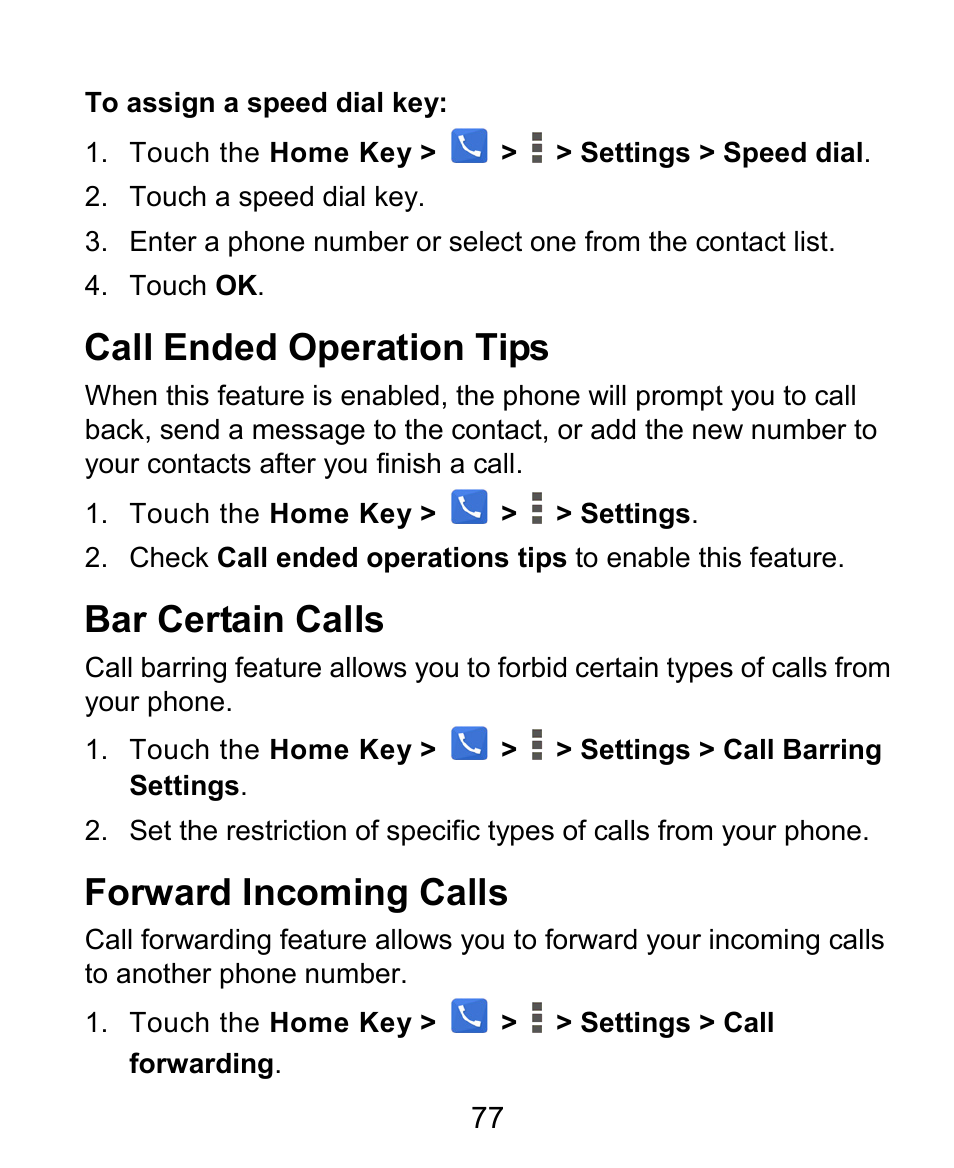 Call ended operation tips, Bar certain calls, Forward incoming calls | ZTE Grand X Plus User Manual | Page 77 / 184