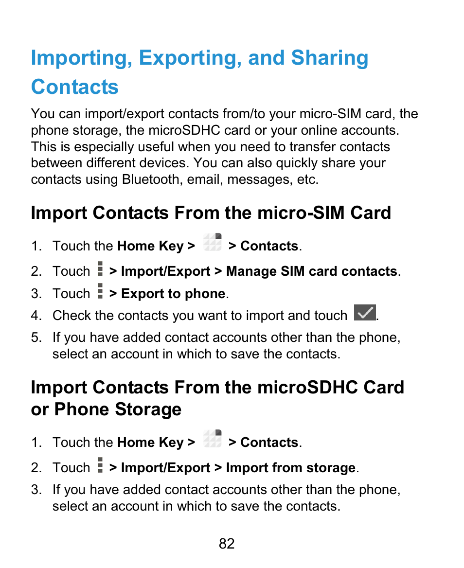 Importing, exporting, and sharing contacts, Import contacts from the micro-sim card | ZTE Grand X Plus User Manual | Page 82 / 184