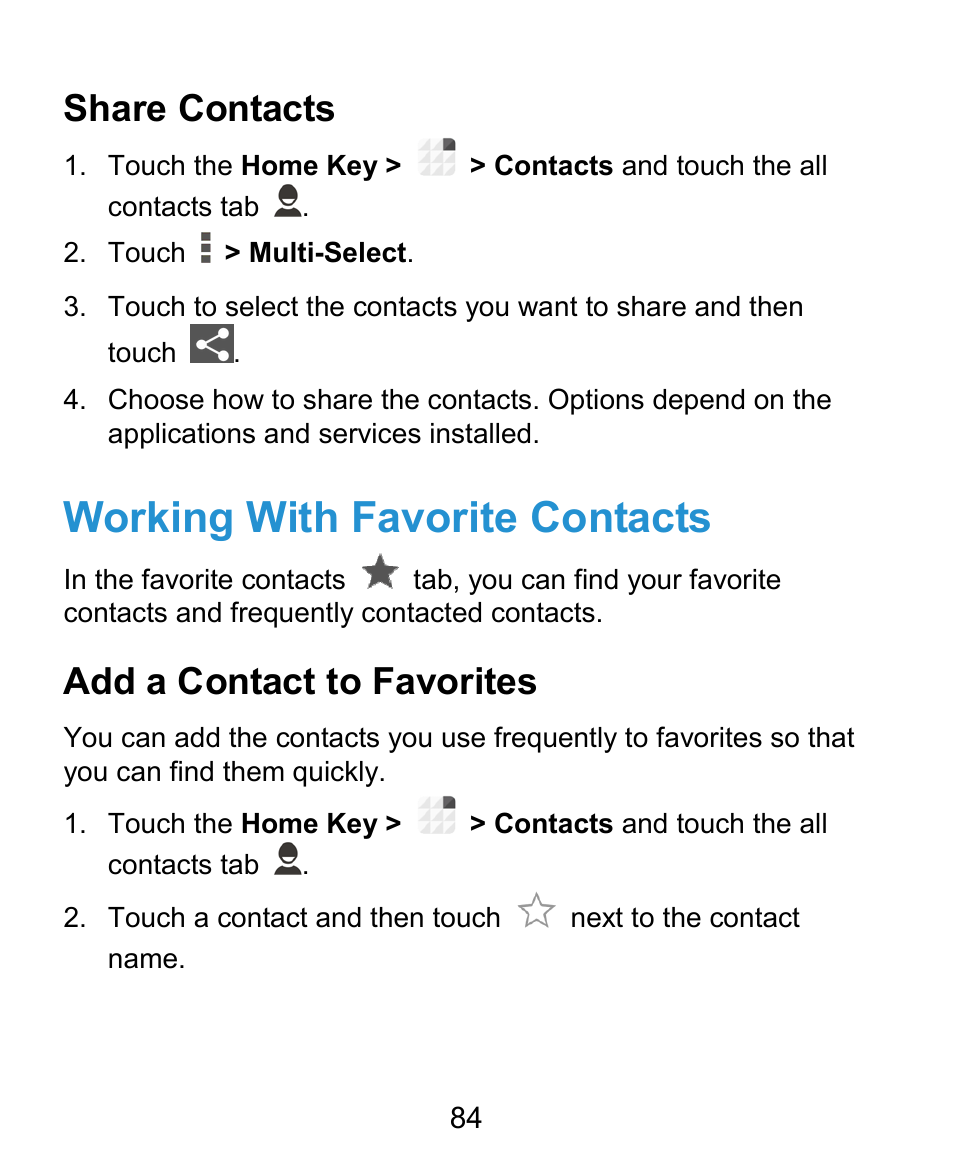 Working with favorite contacts, Share contacts, Add a contact to favorites | ZTE Grand X Plus User Manual | Page 84 / 184