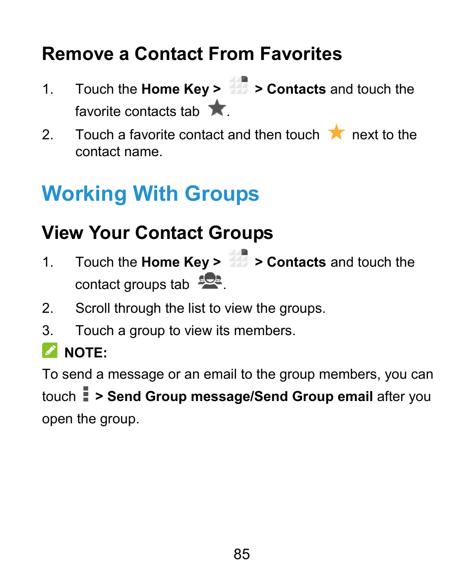 Working with groups, Remove a contact from favorites, View your contact groups | ZTE Grand X Plus User Manual | Page 85 / 184