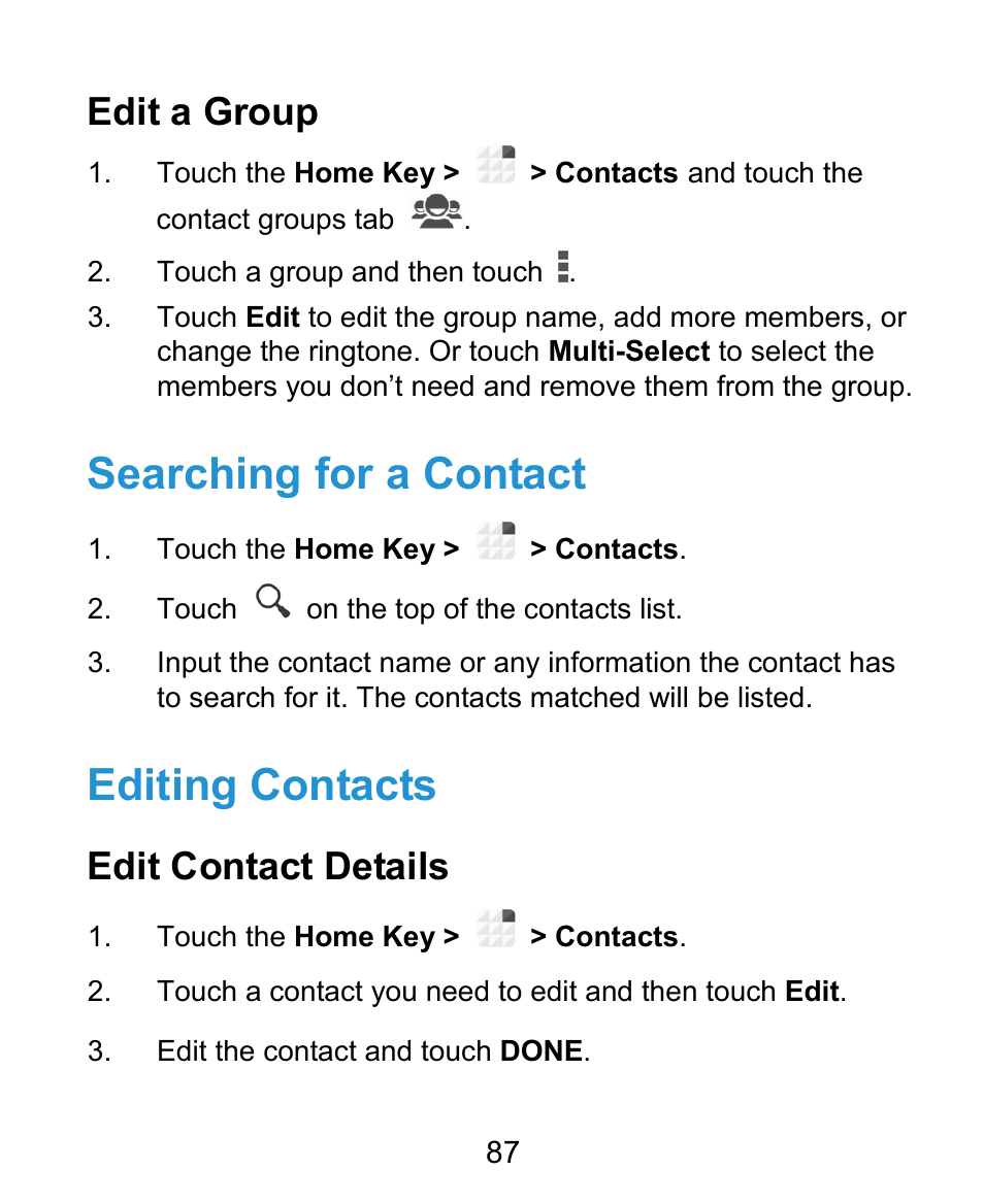Searching for a contact, Editing contacts, Edit a group | Edit contact details | ZTE Grand X Plus User Manual | Page 87 / 184