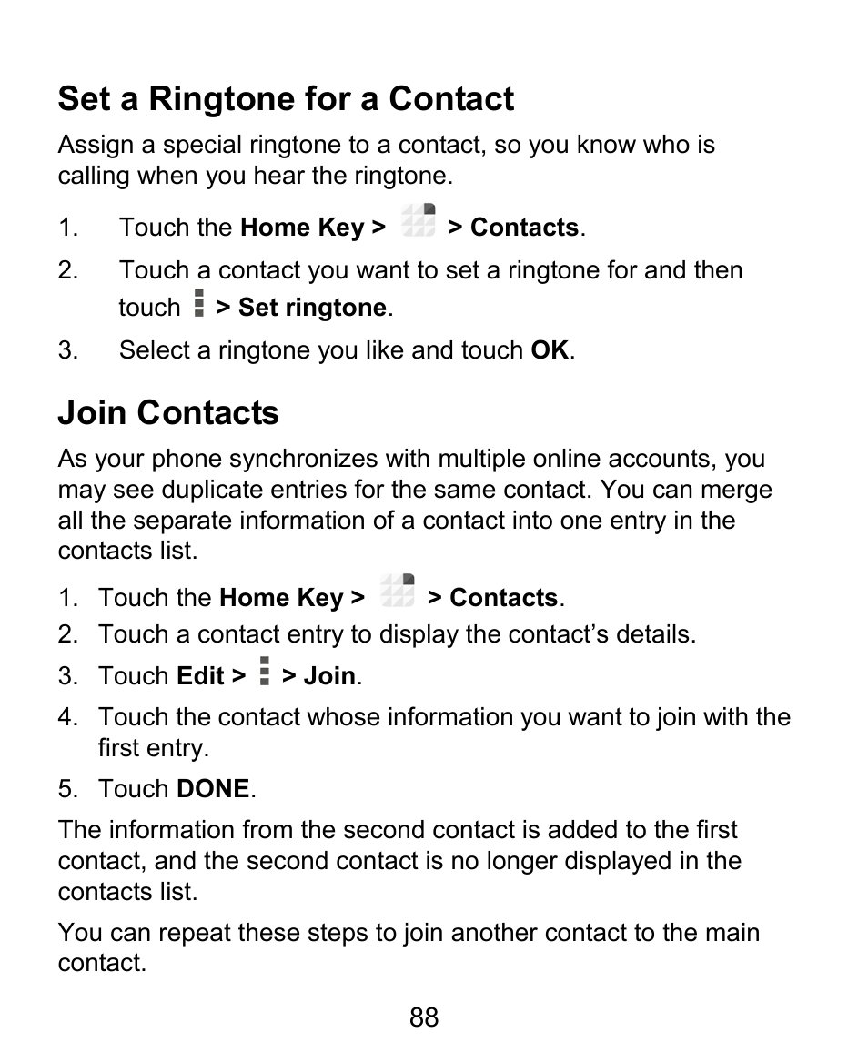 Set a ringtone for a contact, Join contacts | ZTE Grand X Plus User Manual | Page 88 / 184