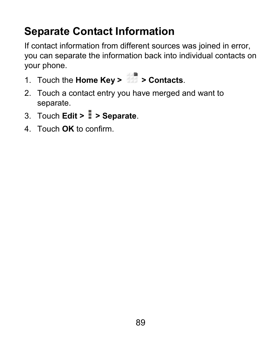 Separate contact information | ZTE Grand X Plus User Manual | Page 89 / 184