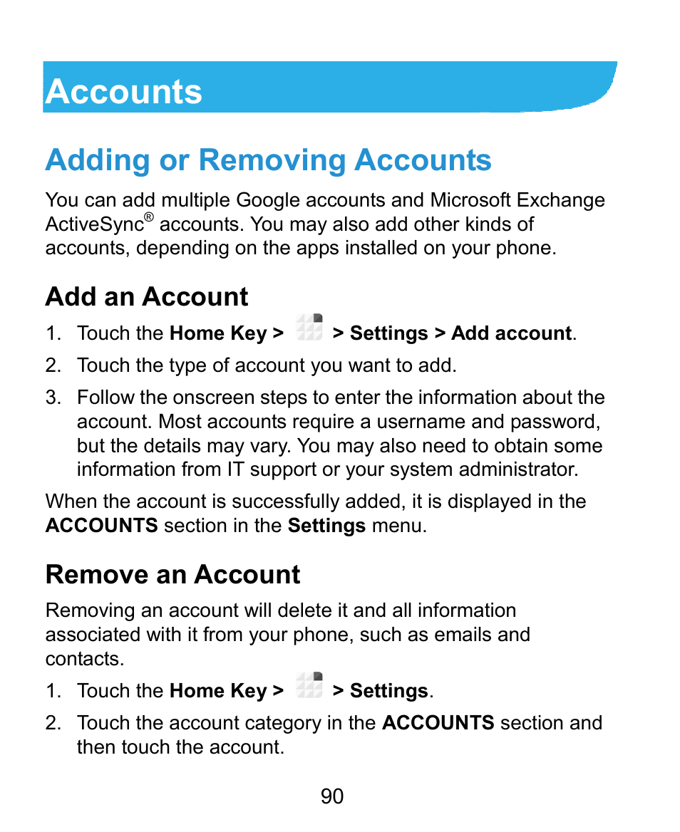 Accounts, Adding or removing accounts, Add an account | Remove an account | ZTE Grand X Plus User Manual | Page 90 / 184